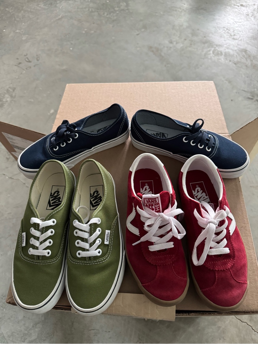 Used Vans Trio — Navy, Olive Green & Red Sneakers all size 4.5